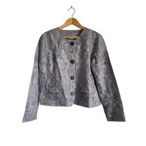 Chico's silver silk jacket short buttons lined pockets floral Size 2 US L 12